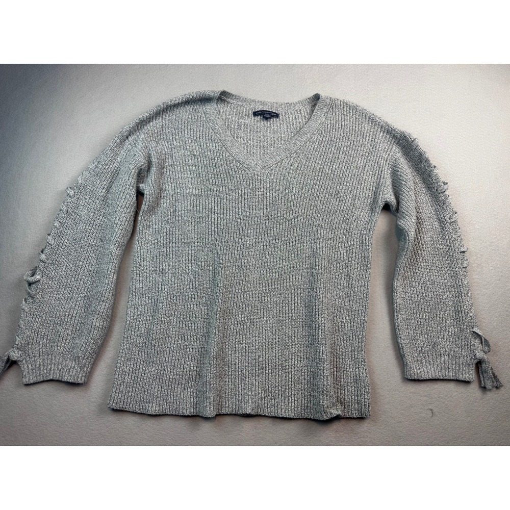 American Eagle Outfitters Gray Marl V-Neck Lace Up Sleeve Sweater Womens Medium